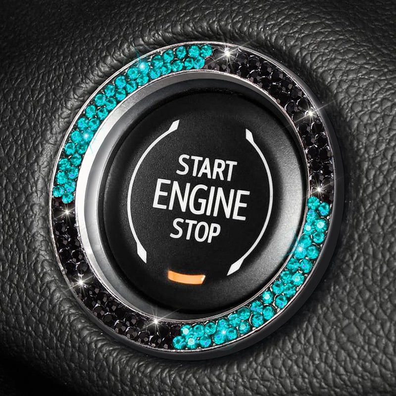 ToBeQueen Teal Push Start Button Cover Emblem Sticker, Interior Crystal Diamond Rhinestone Blue Bling Car Starter Ring Decoration, Turquoise Bling Car Accessories for Women, Black and Lake Blue - Image 1